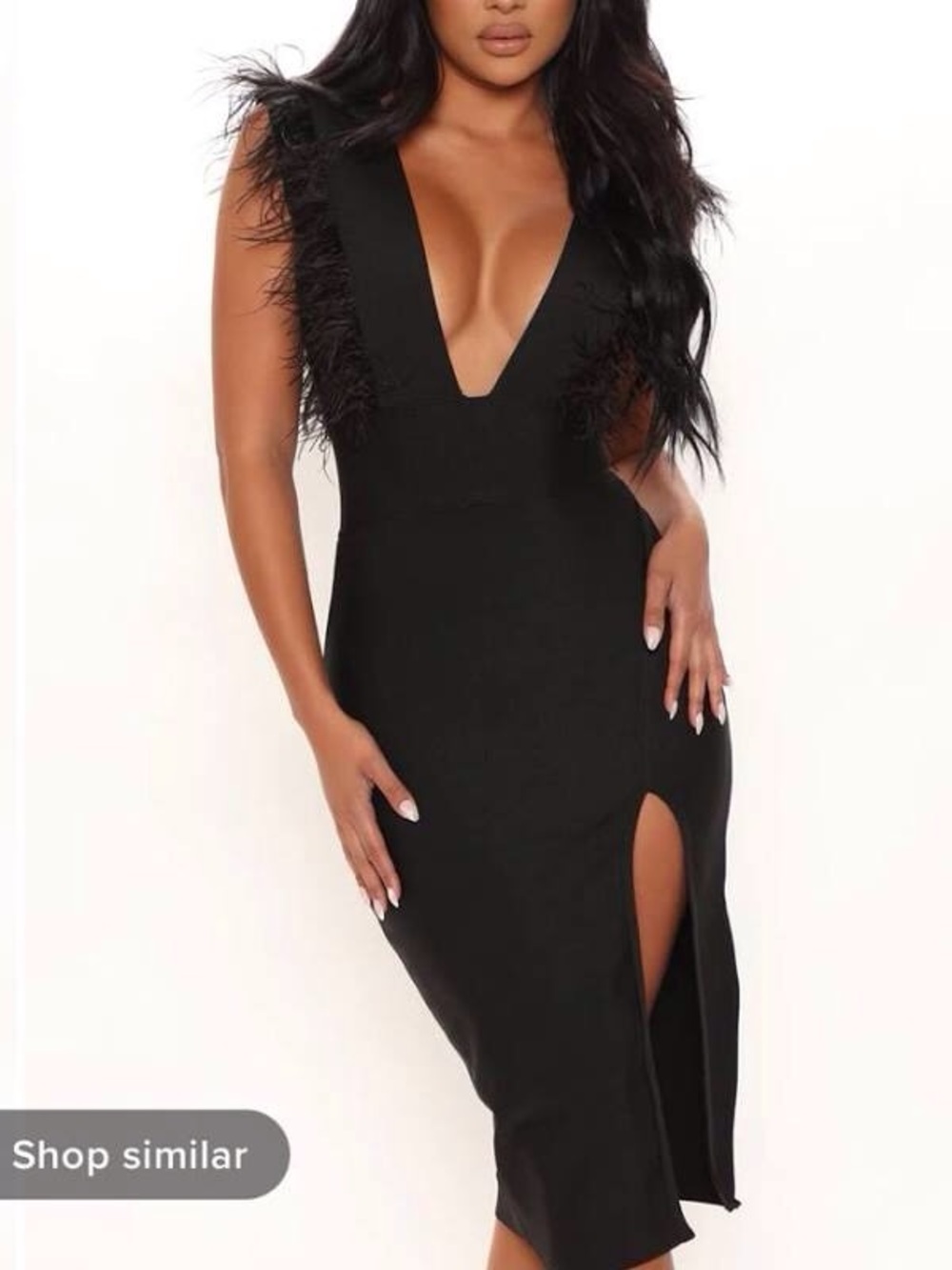 Fashion Nova Deep V Feather Midi Dress